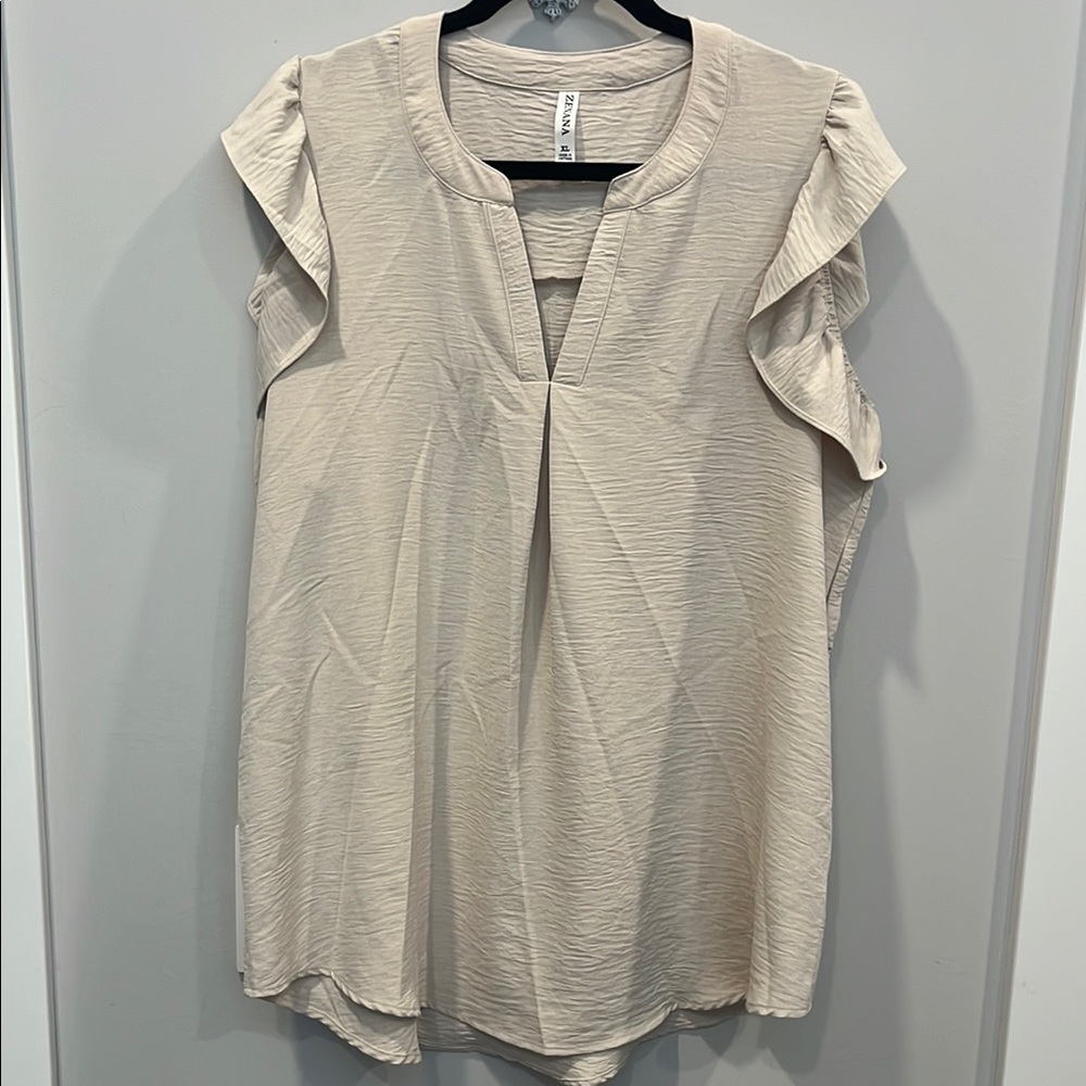 Zenana Outfitters Cream Ruffled Blouse with Mandarin Collar